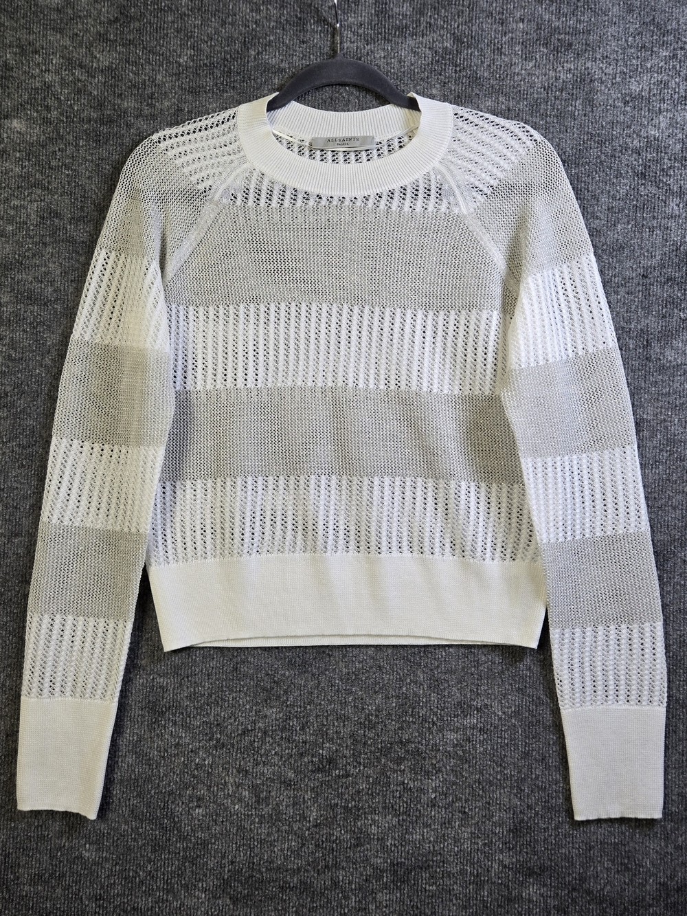 All Saints Sweater Womens S White Silver Stripe Open Knit MIsha Lou Crew Neck
